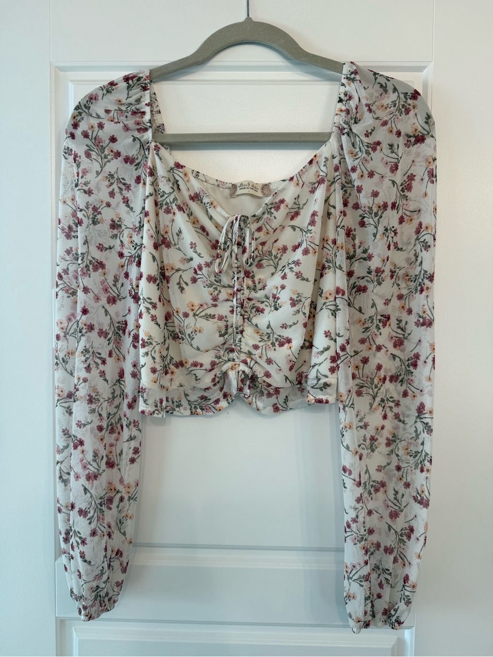 Floral Lace-Up Peasant Blouse - Cream with Pink Floral